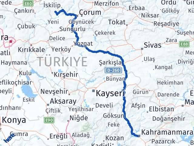 Kahramanmaraş Bayat Çorum Arası Kaç Km - Yol Haritası