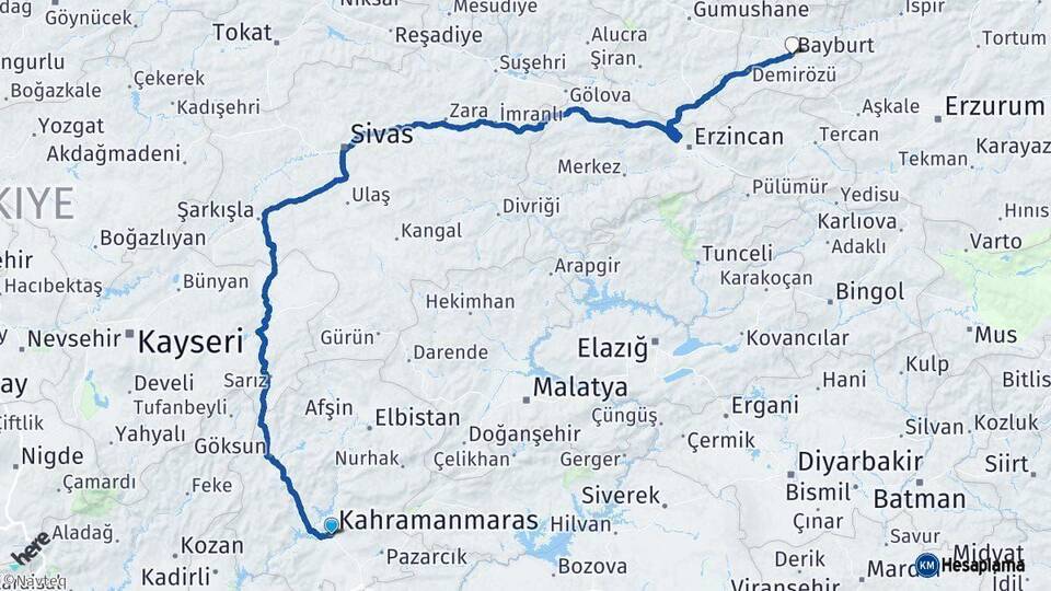 Kahramanmaraş Bayburt Arası Kaç Km - Yol Haritası