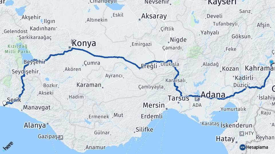 Kahramanmaraş Belek Serik Antalya Arası Kaç Km - Yol Haritası