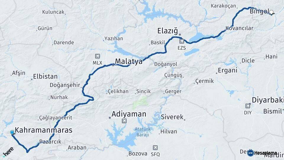 Kahramanmaraş Bingöl Arası Kaç Km - Yol Haritası