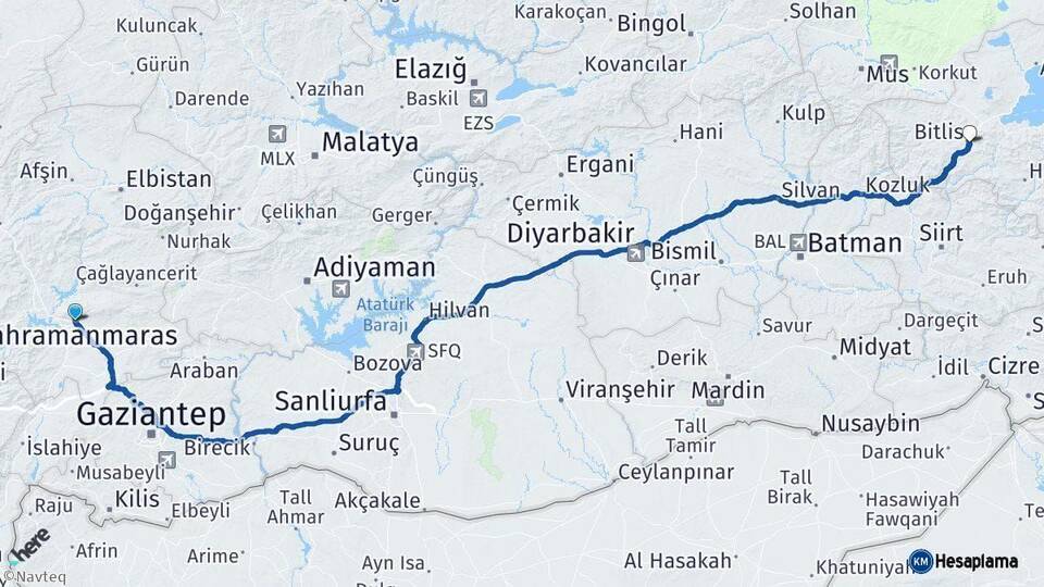Kahramanmaraş Bitlis Arası Kaç Km - Yol Haritası