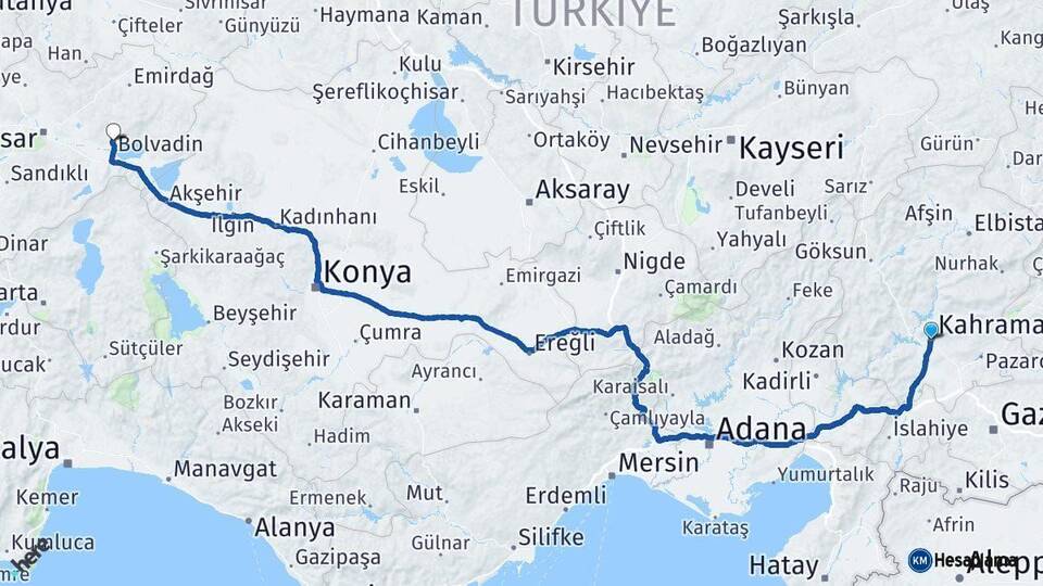 Kahramanmaraş Bolvadin Afyonkarahisar Arası Kaç Km - Yol Haritası