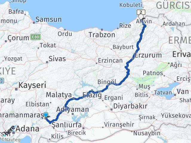 Kahramanmaraş Borçka Artvin Arası Kaç Km - Yol Haritası