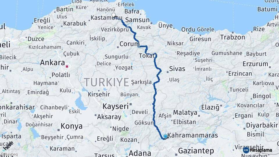 Kahramanmaraş Boyabat Sinop Arası Kaç Km - Yol Haritası