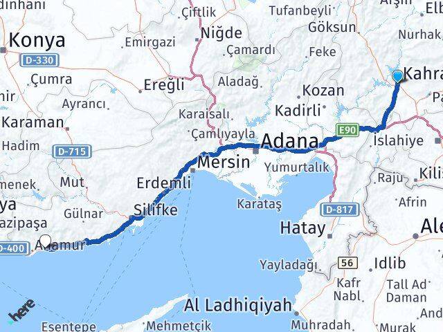 Kahramanmaraş Bozyazı Mersin Arası Kaç Km - Yol Haritası