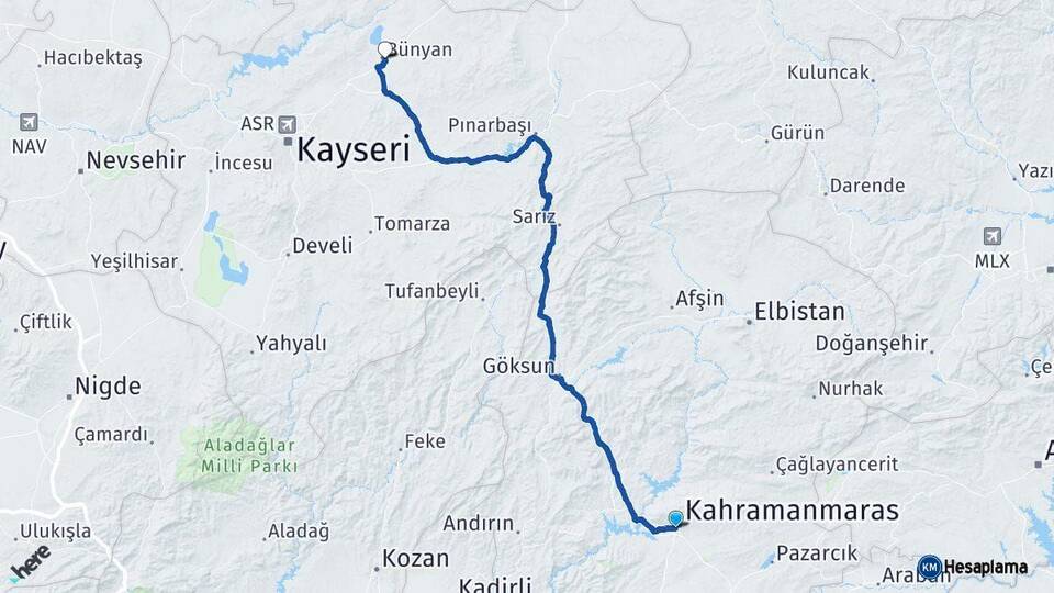 Kahramanmaraş Bünyan Kayseri Arası Kaç Km - Yol Haritası
