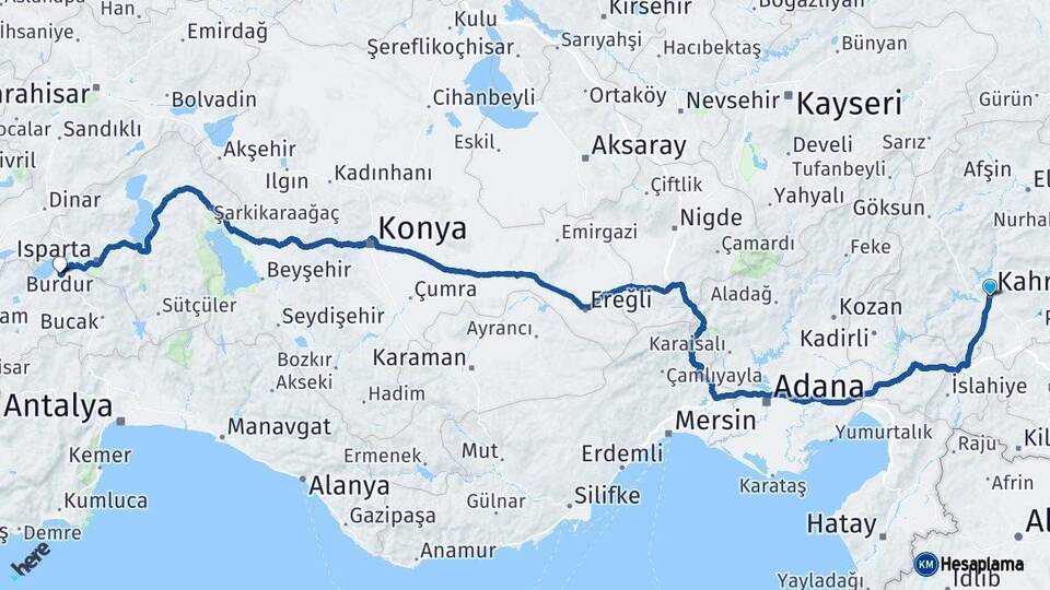 Kahramanmaraş Burdur Arası Kaç Km - Yol Haritası