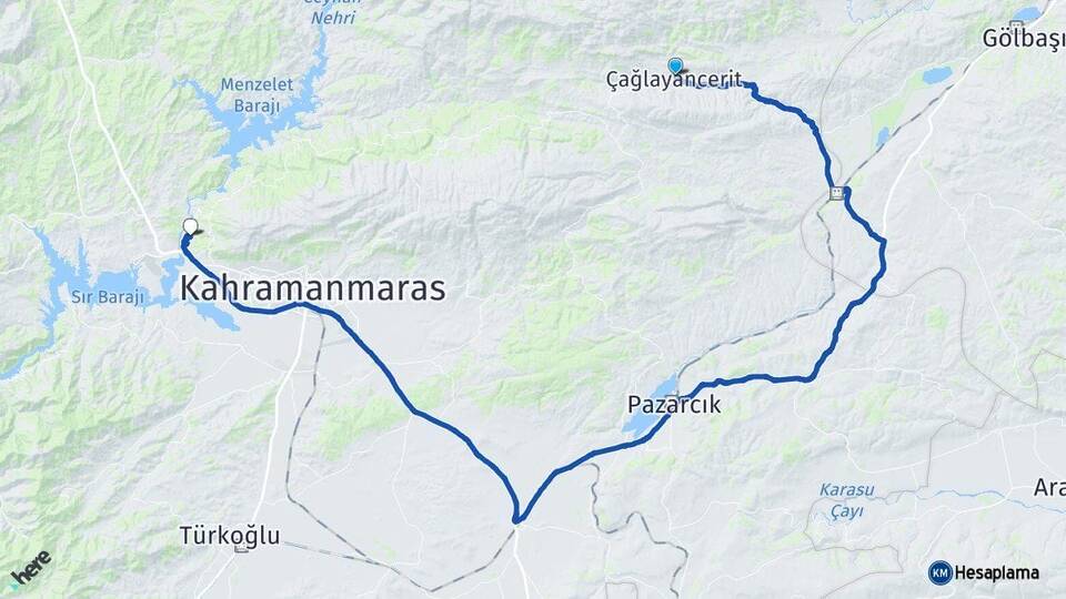 Kahramanmaraş Çağlayancerit Dulkadiroğlu Arası Kaç Km - Yol Haritası