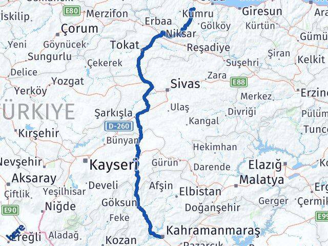 Kahramanmaraş Çamaş Ordu Arası Kaç Km - Yol Haritası