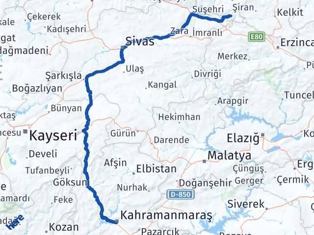 Kahramanmaraş Çamoluk Giresun Arası Kaç Km - Yol Haritası
