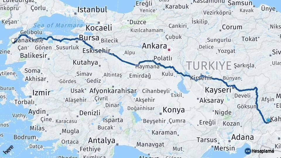 Kahramanmaraş Çanakkale Arası Kaç Km - Yol Haritası