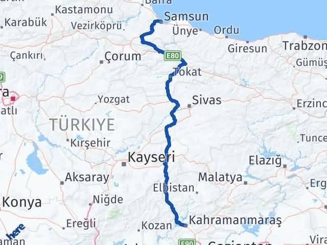 Kahramanmaraş Canik Samsun Arası Kaç Km - Yol Haritası