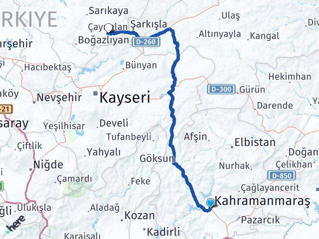 Kahramanmaraş Çayıralan Yozgat Arası Kaç Km - Yol Haritası
