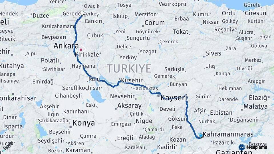 Kahramanmaraş Çerkeş Çankırı Arası Kaç Km - Yol Haritası