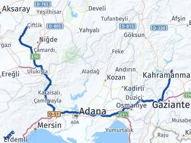 Kahramanmaraş Çiftlik Niğde Arası Kaç Km - Yol Haritası