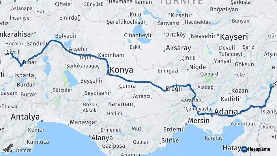 Kahramanmaraş Çivril Denizli Arası Kaç Km - Yol Haritası