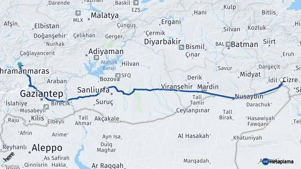 Kahramanmaraş Cizre Şırnak Arası Kaç Km - Yol Haritası