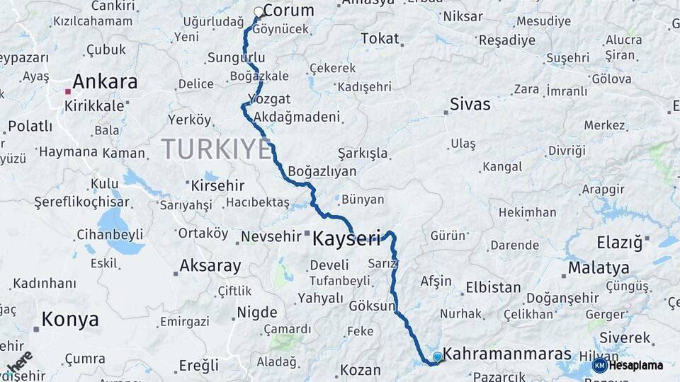Kahramanmaraş Çorum Arası Kaç Km - Yol Haritası