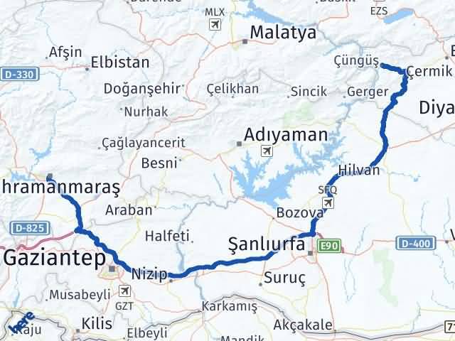 Kahramanmaraş Çüngüş Diyarbakır Arası Kaç Km - Yol Haritası