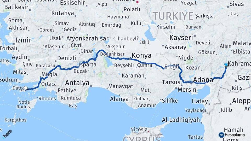 Kahramanmaraş Datça Muğla Arası Kaç Km - Yol Haritası