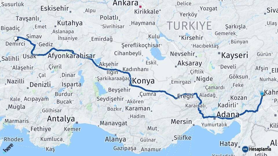 Kahramanmaraş Demirci Manisa Arası Kaç Km - Yol Haritası