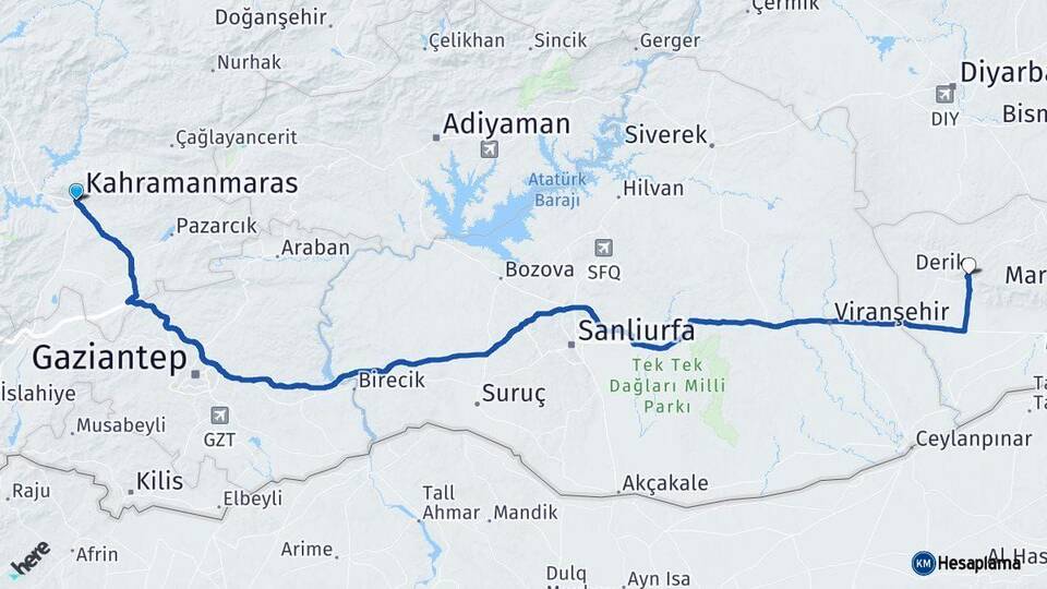Kahramanmaraş Derik Mardin Arası Kaç Km - Yol Haritası