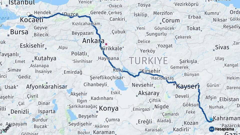 Kahramanmaraş Derince Kocaeli Arası Kaç Km - Yol Haritası
