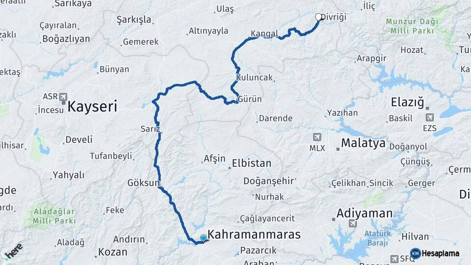 Kahramanmaraş Divriği Sivas Arası Kaç Km - Yol Haritası