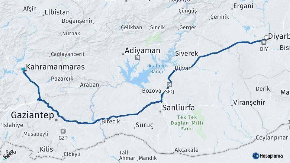 Kahramanmaraş Diyarbakır Arası Kaç Km - Yol Haritası