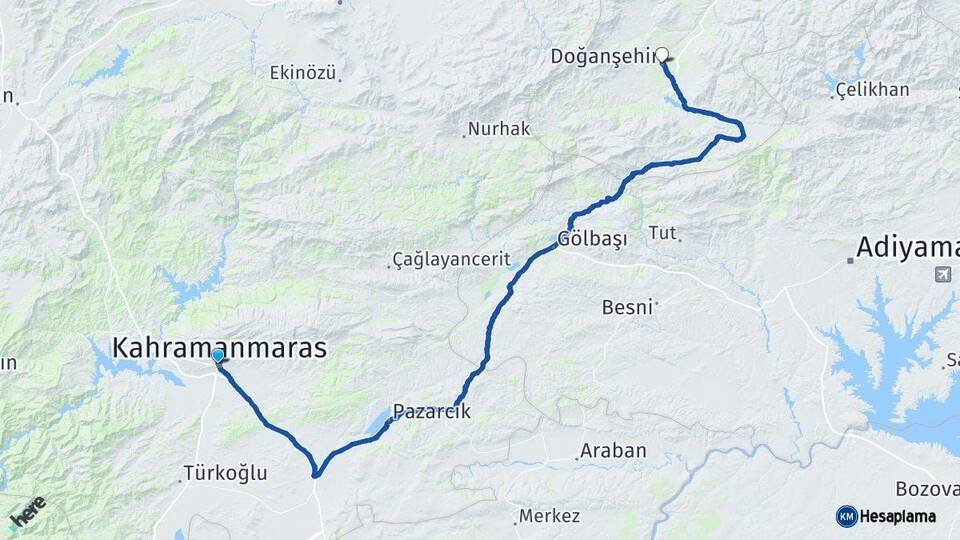 Kahramanmaraş Doğanşehir Malatya Arası Kaç Km - Yol Haritası