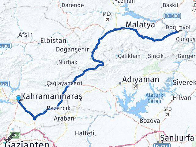 Kahramanmaraş Doğanyol Malatya Arası Kaç Km - Yol Haritası