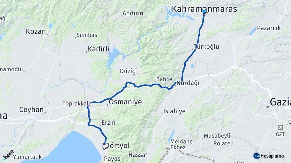 Kahramanmaraş Dörtyol Hatay Arası Kaç Km - Yol Haritası