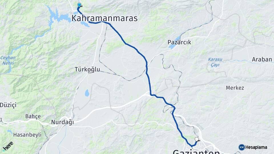 Kahramanmaraş Dulkadiroğlu Gaziantep Arası Kaç Km - Yol Haritası