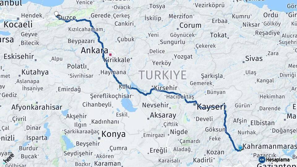 Kahramanmaraş Düzce Arası Kaç Km - Yol Haritası