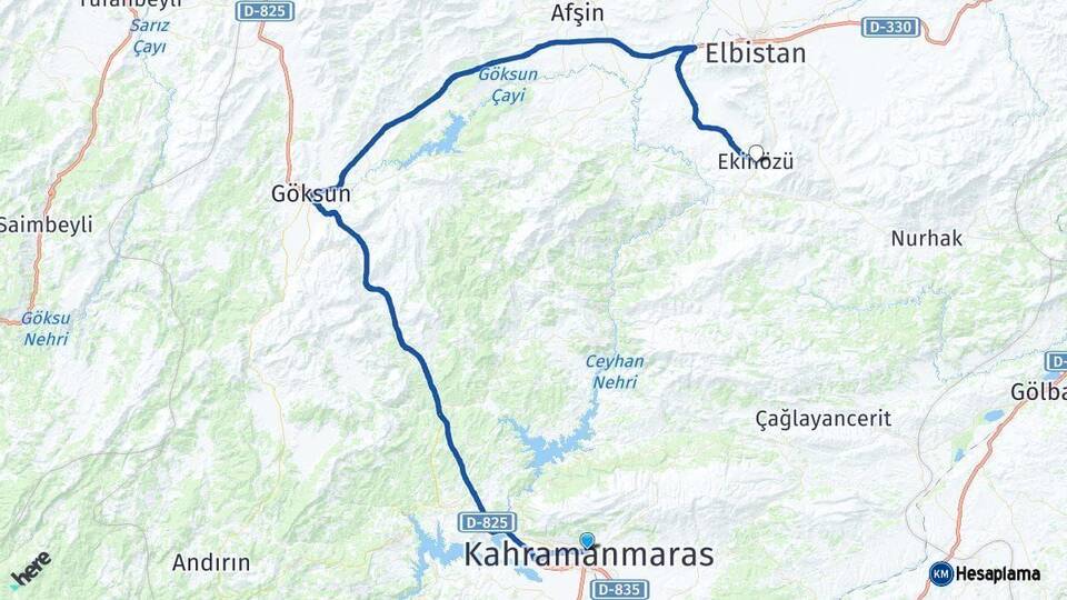 Kahramanmaraş Ekinözü Arası Kaç Km - Yol Haritası
