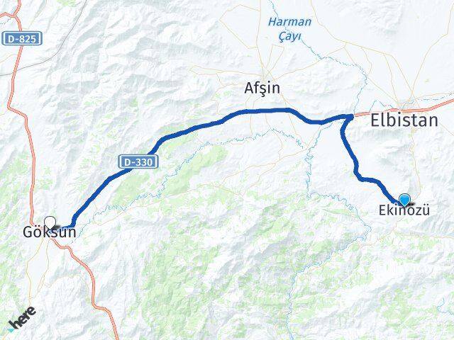 Kahramanmaraş Ekinözü Göksun Arası Kaç Km - Yol Haritası