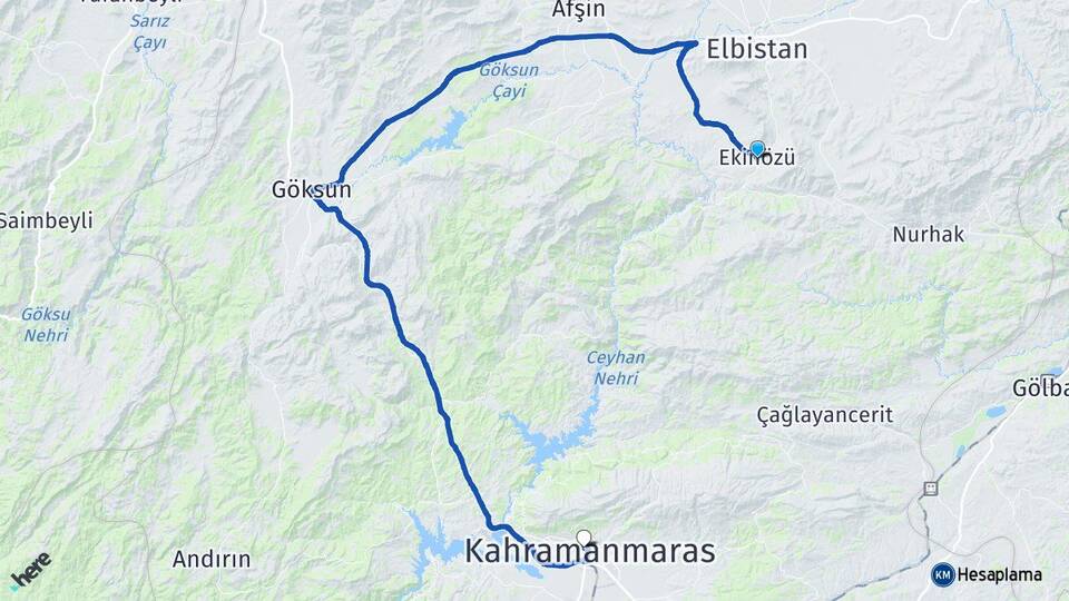 Kahramanmaraş Ekinözü Onikişubat Arası Kaç Km - Yol Haritası