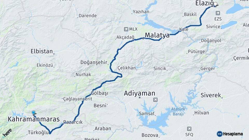 Kahramanmaraş Elazığ Arası Kaç Km - Yol Haritası