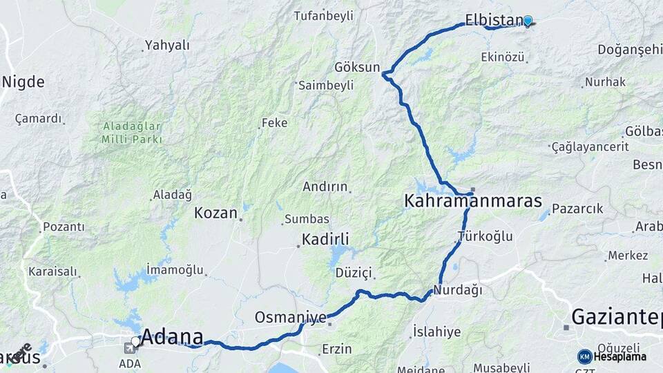 Kahramanmaraş Elbistan Adana Arası Kaç Km - Yol Haritası