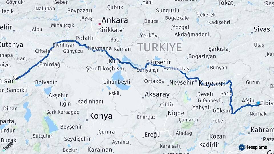 Kahramanmaraş Elbistan Afyonkarahisar Arası Kaç Km - Yol Haritası