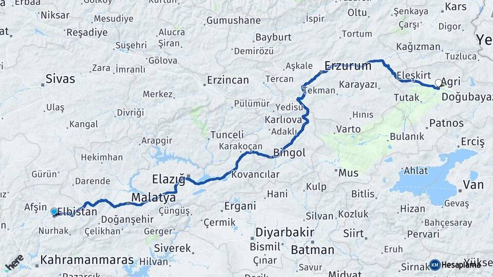 Kahramanmaraş Elbistan Ağrı Arası Kaç Km - Yol Haritası