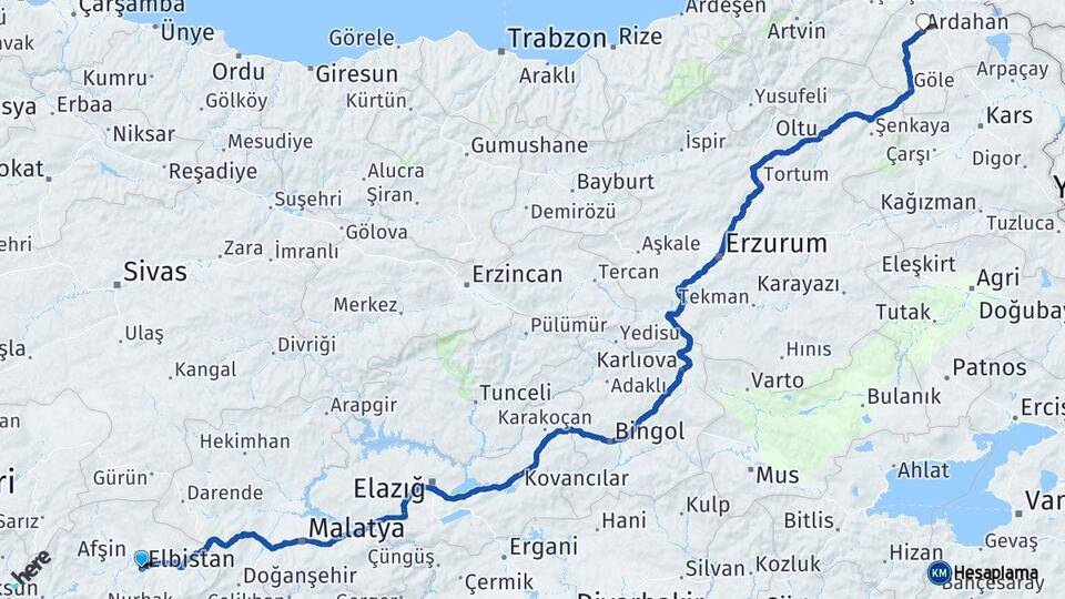 Kahramanmaraş Elbistan Ardahan Arası Kaç Km - Yol Haritası