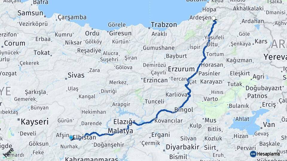 Kahramanmaraş Elbistan Artvin Arası Kaç Km - Yol Haritası