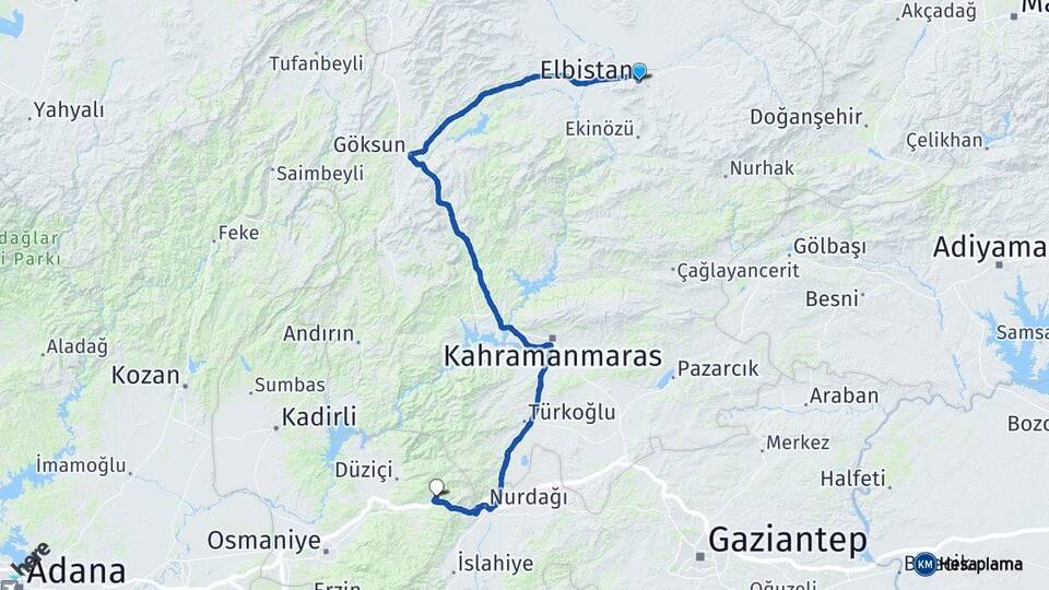 Kahramanmaraş Elbistan Bahçe Osmaniye Arası Kaç Km - Yol Haritası