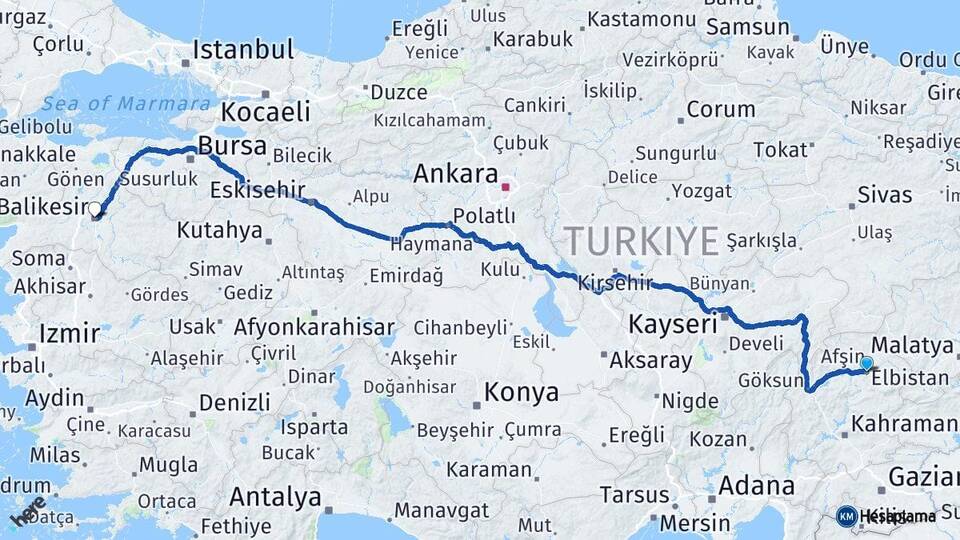 Kahramanmaraş Elbistan Balıkesir Arası Kaç Km - Yol Haritası