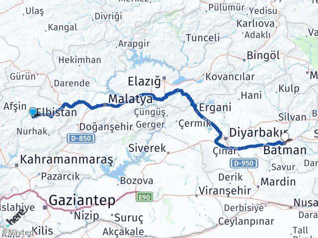 Kahramanmaraş Elbistan Batman Arası Kaç Km - Yol Haritası