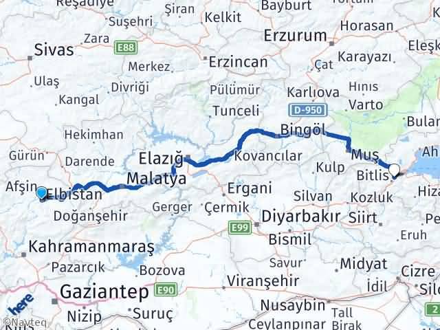 Kahramanmaraş Elbistan Beş Minare Bitlis Arası Kaç Km - Yol Haritası
