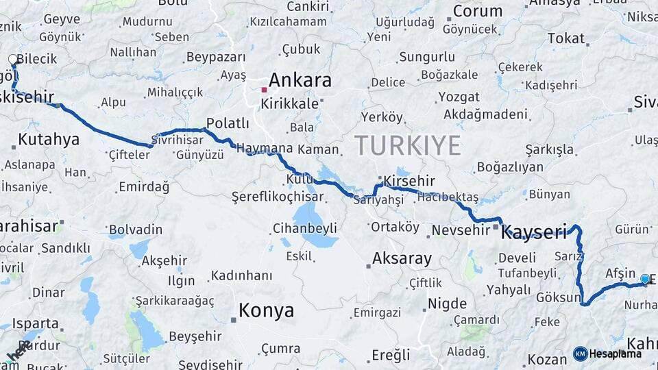 Kahramanmaraş Elbistan Bilecik Arası Kaç Km - Yol Haritası