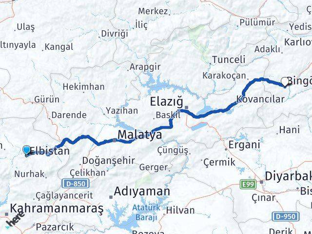 Kahramanmaraş Elbistan Bingöl Arası Kaç Km - Yol Haritası