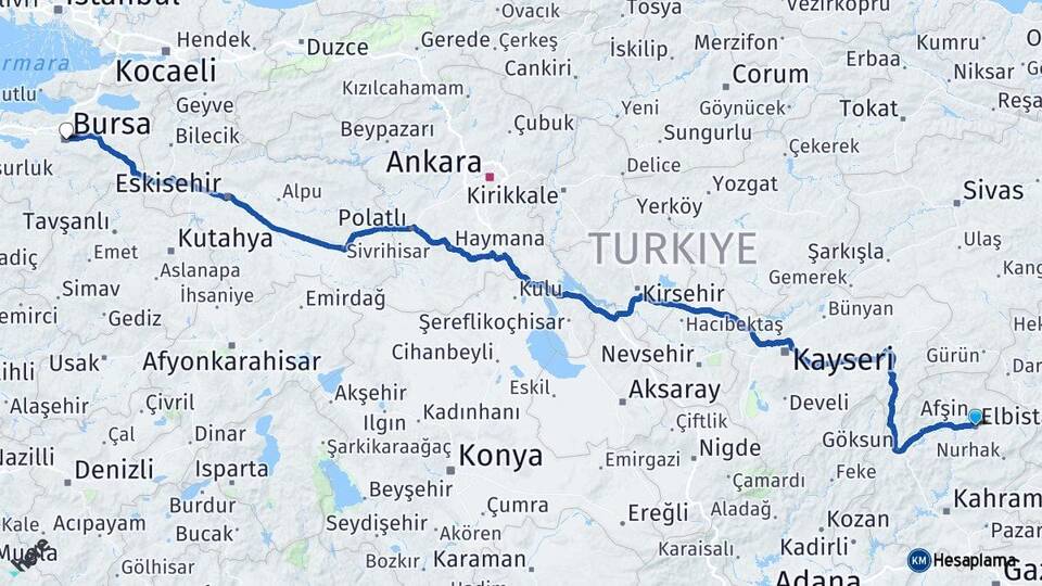 Kahramanmaraş Elbistan Bursa Arası Kaç Km - Yol Haritası